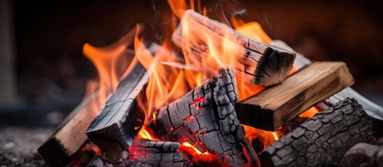 A scene of flames burning in a fireplace fueled by a mix of wood and coal - obrazy, fototapety, plakaty