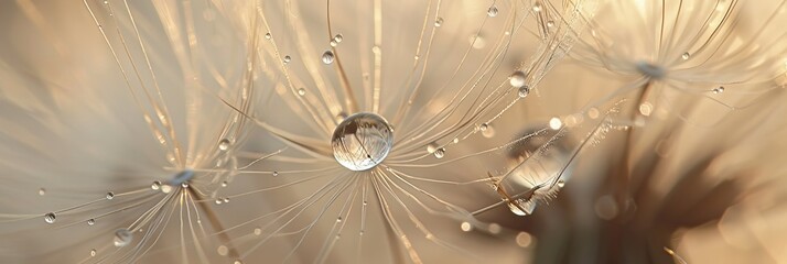 Close-up view of a water droplet on a dandelion seed at golden hour