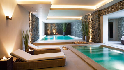 Luxurious Hotel Spa Retreat: Serene Swimming Pool Oasis - obrazy, fototapety, plakaty