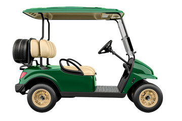Side view of green and beige golf cart isolated on a cut out PNG transparent background