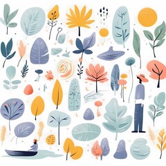 A collection of seamless pattern, colorful abstract plants and flowers. Hand drawn Collection of leaves and flowers. A close up of a pattern of flowers and leaves.
