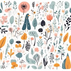 A collection of seamless pattern, colorful abstract plants and flowers. Hand drawn Collection of leaves and flowers. A close up of a pattern of flowers and leaves.
