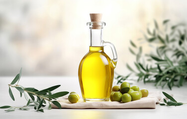 bottle olive oil and olive branches on white wooden table over l - obrazy, fototapety, plakaty