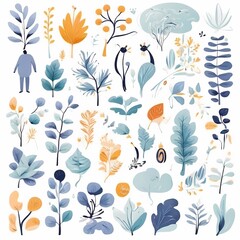 A collection of seamless pattern, colorful abstract plants and flowers. Hand drawn Collection of leaves and flowers. A close up of a pattern of flowers and leaves.
