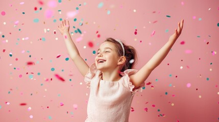 Portrait of a beautiful happy girl with confetti on a pink background. Celebrating birthday, party, holiday concept.