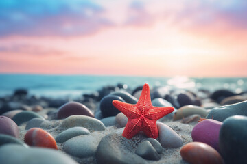 Red starfish on pile of rocks - obrazy, fototapety, plakaty