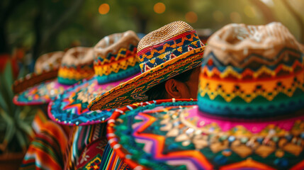 Line of vibrant Mexican sombreros on display with intricate patterns