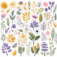 A collection of seamless pattern, colorful abstract plants and flowers. Hand drawn Collection of leaves and flowers. A close up of a pattern of flowers and leaves.

