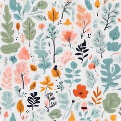 A collection of seamless pattern, colorful abstract plants and flowers. Hand drawn Collection of leaves and flowers. A close up of a pattern of flowers and leaves.
