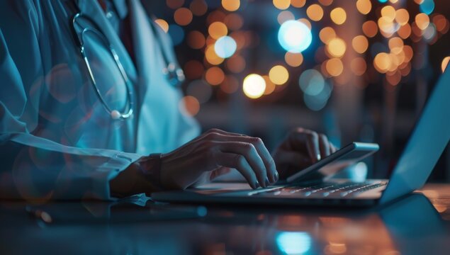 Minimalistic stock photo of doctor typing on laptop, tablet in front with blurred background Generative AI
