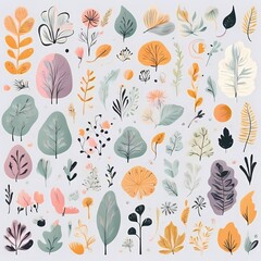 A collection of seamless pattern, colorful abstract plants and flowers. Hand drawn Collection of leaves and flowers. A close up of a pattern of flowers and leaves.
