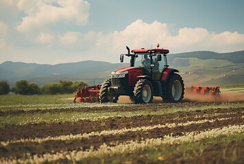 Obraz premium A tractor plowing a field with a plow