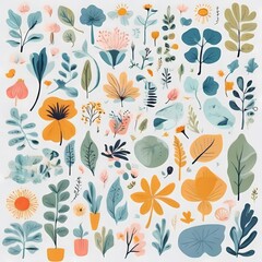 A collection of seamless pattern, colorful abstract plants and flowers. Hand drawn Collection of leaves and flowers. A close up of a pattern of flowers and leaves.
