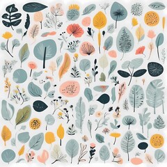 A collection of seamless pattern, colorful abstract plants and flowers. Hand drawn Collection of leaves and flowers. A close up of a pattern of flowers and leaves.
