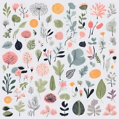 A collection of seamless pattern, colorful abstract plants and flowers. Hand drawn Collection of leaves and flowers. A close up of a pattern of flowers and leaves.
