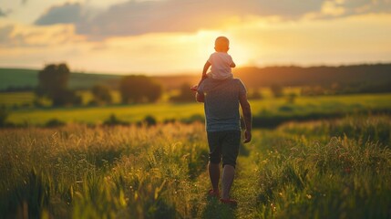 happy family concept of of relaxing father picture holding kid over shoulder walking in green field in the morning sunrise.