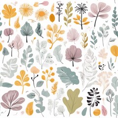 A collection of seamless pattern, colorful abstract plants and flowers. Hand drawn Collection of leaves and flowers. A close up of a pattern of flowers and leaves.
