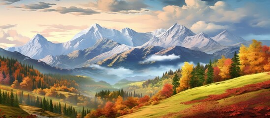 An art piece depicting a natural landscape with trees and grass in the foreground, leading up to a majestic mountain range in the background