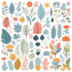 A collection of seamless pattern, colorful abstract plants and flowers. Hand drawn Collection of leaves and flowers. A close up of a pattern of flowers and leaves.
