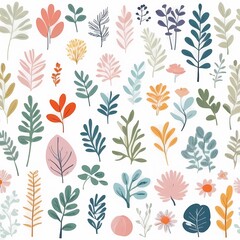 A collection of seamless pattern, colorful abstract plants and flowers. Hand drawn Collection of leaves and flowers. A close up of a pattern of flowers and leaves.
