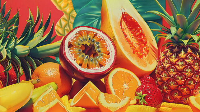  a painting of oranges, pineapples, bananas, and strawberries on a red background with pineapples, oranges, bananas, bananas, and pineapples.