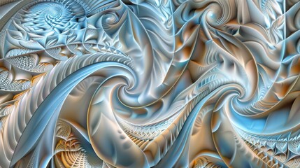  a computer generated image of a wave of blue and white colors on a white and gold background with a spiral like design in the middle of the image.
