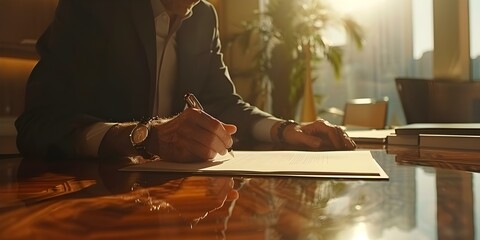 Finalizing a Deal with a Contractual Agreement: A Man Signing a Contract at a Conference Room Table. Concept Business, Contract Signing, Conference Room, Formal Attire, Negotiation - obrazy, fototapety, plakaty
