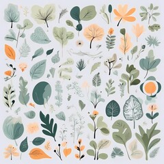 A collection of seamless pattern, colorful abstract plants and flowers. Hand drawn Collection of leaves and flowers. A close up of a pattern of flowers and leaves.
