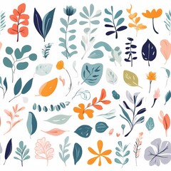 A collection of seamless pattern, colorful abstract plants and flowers. Hand drawn Collection of leaves and flowers. A close up of a pattern of flowers and leaves.
