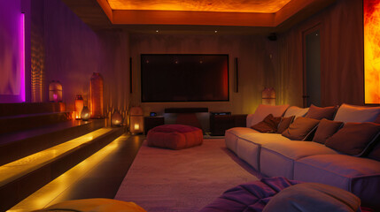 Luxe home theater with plush seating and ambient lighting. - obrazy, fototapety, plakaty