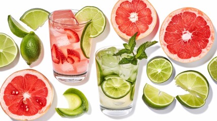  a glass filled with watermelon and limeade next to sliced limes and a cut up grapefruit.