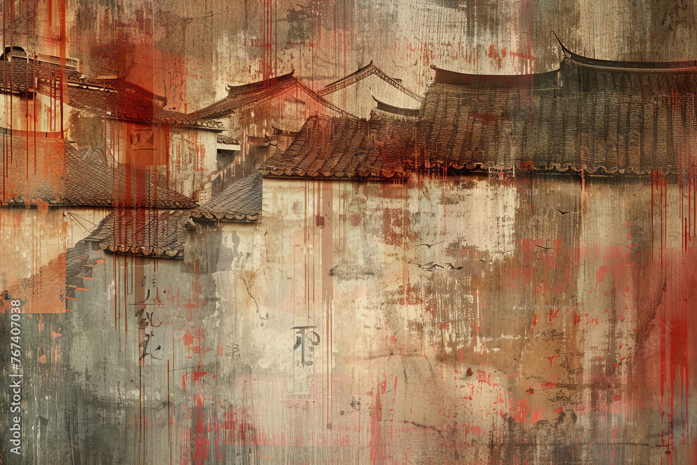 Poster An abstract background that reflects the charm and elegance of Chinese style. The image features a mix of warm colors and rustic textures