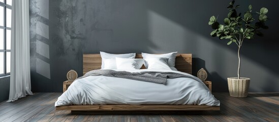 Minimalist style bed against gray wall and wooden floor