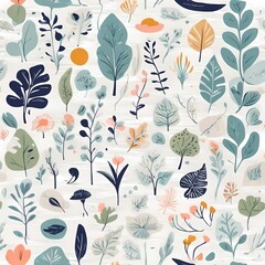 A collection of seamless pattern, colorful abstract plants and flowers. Hand drawn Collection of leaves and flowers. A close up of a pattern of flowers and leaves.
