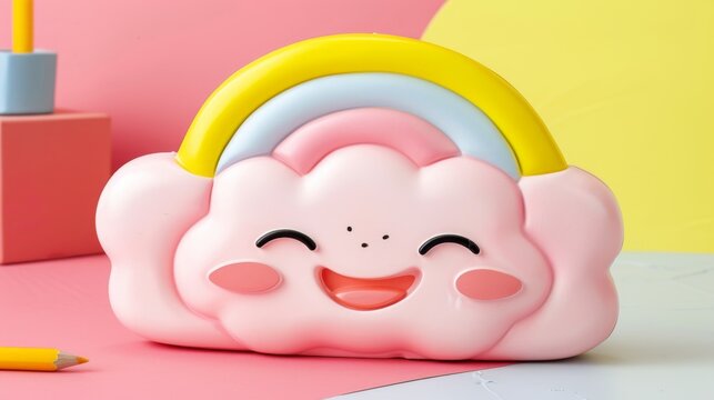  a pink cloud with a smile on its face and a yellow toothbrush next to a pink box with a yellow toothbrush in it.