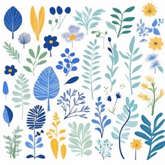 A collection of seamless pattern, colorful abstract plants and flowers. Hand drawn Collection of leaves and flowers. A close up of a pattern of flowers and leaves.
