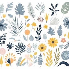 A collection of seamless pattern, colorful abstract plants and flowers. Hand drawn Collection of leaves and flowers. A close up of a pattern of flowers and leaves.
