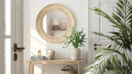 Minimalist entryway with a statement mirror and simple decor. - obrazy, fototapety, plakaty