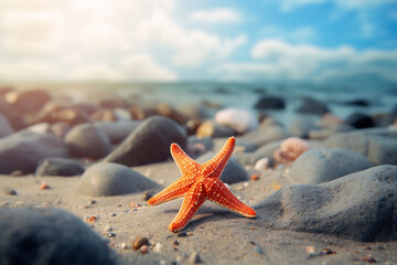 Starfish resting on rocky beach - obrazy, fototapety, plakaty