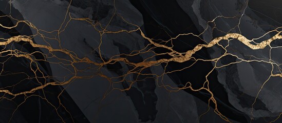 A luxurious black marble piece featuring intricate gold veining and a striking single gold vein running through it