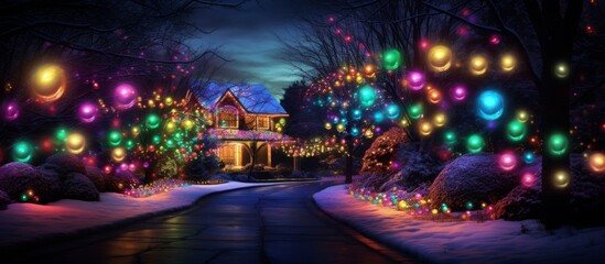 Naklejka premium An artistic representation of a building adorned with purple and magenta Christmas lights at night, set against the backdrop of a vibrant city event