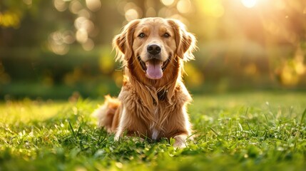 adorable cheerful and smile golden retriever dog is relaxing after running in nature park.