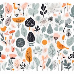A collection of seamless pattern, colorful abstract plants and flowers. Hand drawn Collection of leaves and flowers. A close up of a pattern of flowers and leaves.
