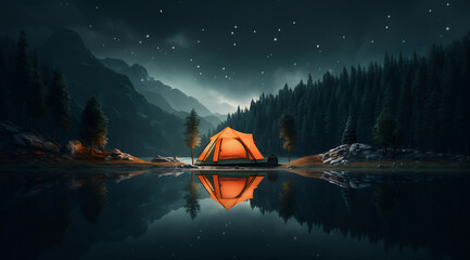Tent glowing in lake night scene - obrazy, fototapety, plakaty