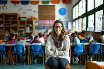 elementary school teacher with her class, primary education in classroom, pupils studying knowledge together (2) - obrazy, fototapety, plakaty