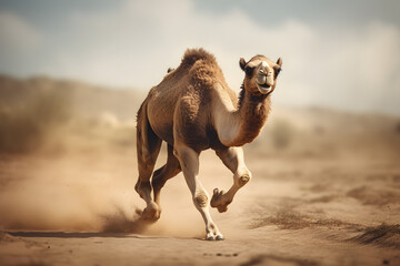 running camel with motion blurred background, running camel, camel on the run - obrazy, fototapety, plakaty
