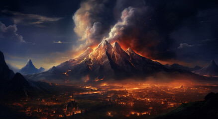 Volcano erupting in cityscape - obrazy, fototapety, plakaty