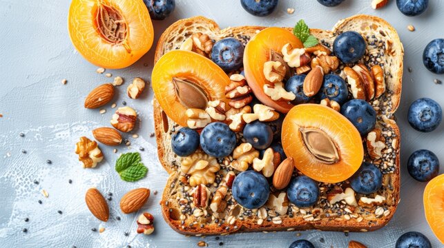 a piece of toast with nuts, blueberries, and apricots on top of a piece of paper.
