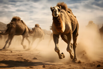 running camel with motion blurred background, running camel, camel on the run - obrazy, fototapety, plakaty