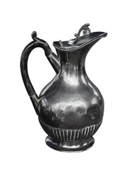 Vintage antique old silver metal jug with lid on white background